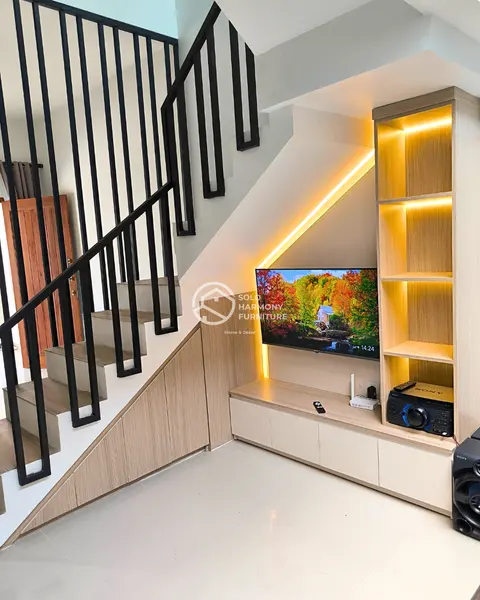Backdrop TV Backdrop TV & Multifunction Understairs Cabinet di Solo Baru, Sukoharjo — Solo Harmony Furniture